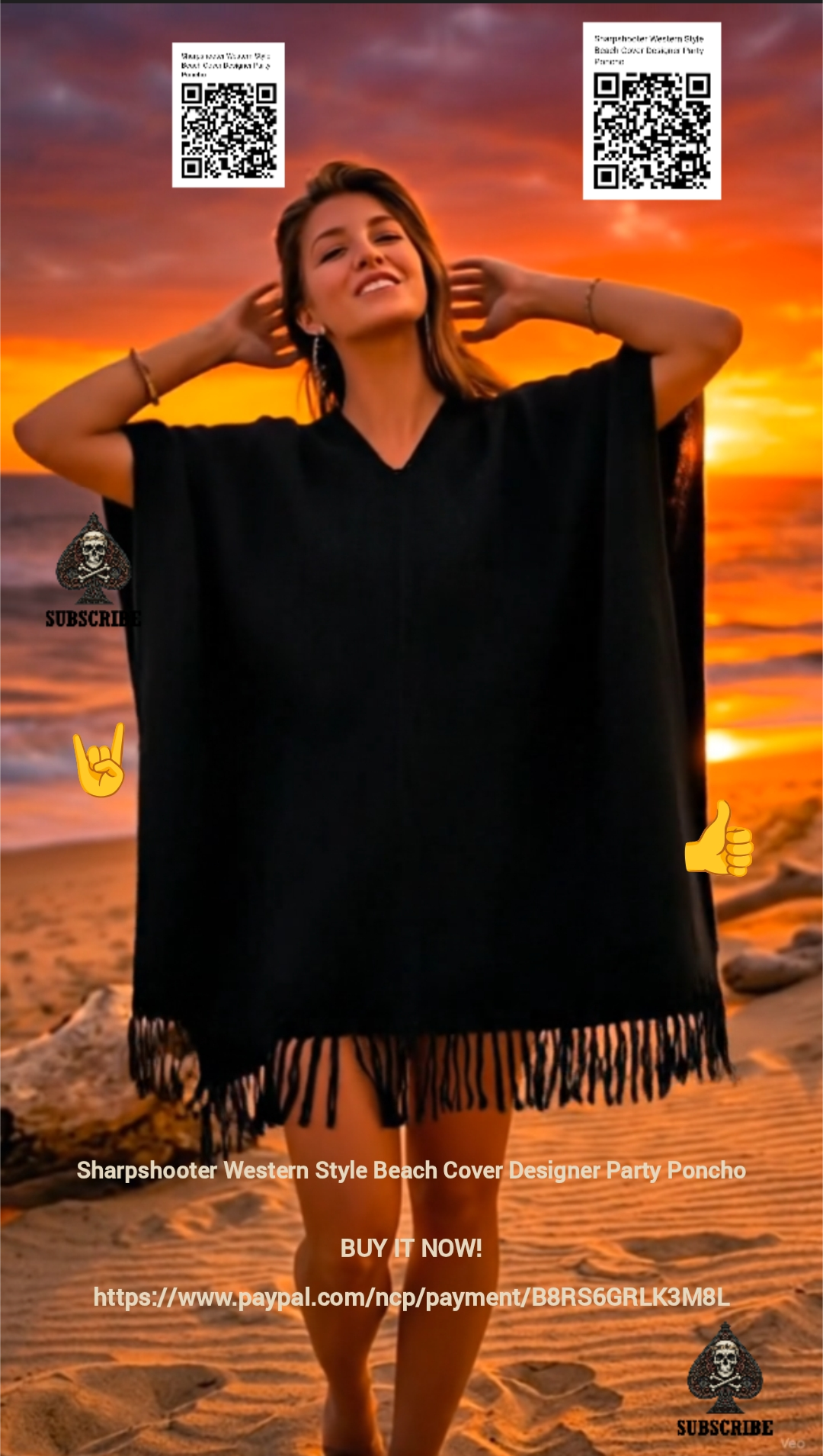 Black-Sharpshooter-Western-Style-Beach-Cover-Designer-Party-Poncho-SOLID-COLOR-QR
